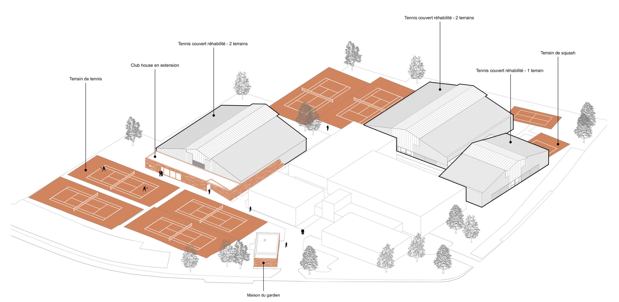 Schéma architecte, des terrains couvert, maison de gardien, squash, terrain de tennis et club house